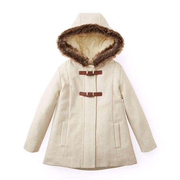 Photo 1 of Hope & Henry Girls' Lightweight Hooded Wool Jacket with Faux Fur Trim | Natural Siz-M