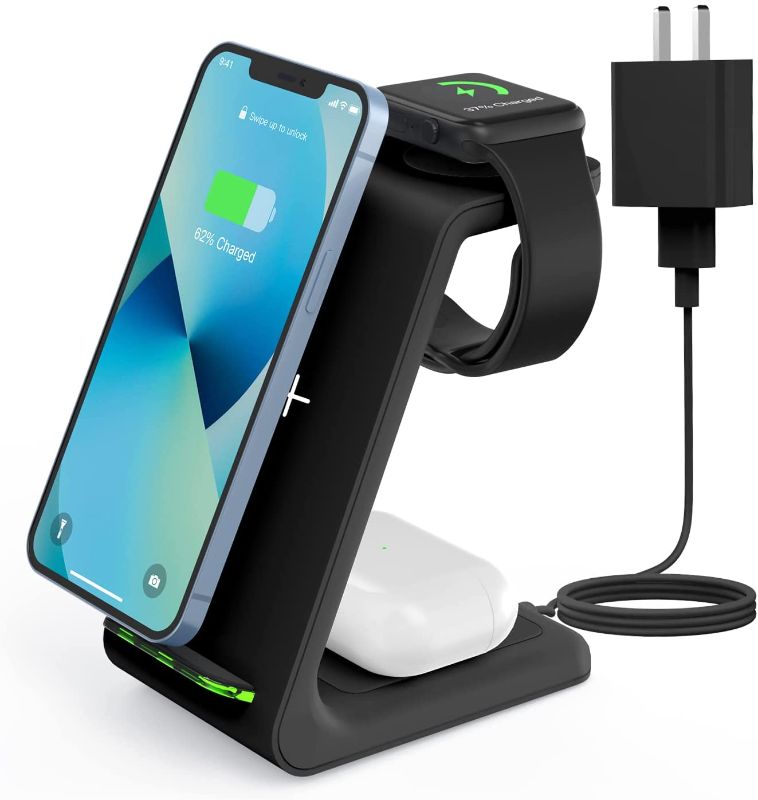 Photo 1 of Wireless Charger, 3 in 1 Qi-Certified Charging Station for iPhone 13/13Pro/12/12 Pro/11/11 Pro/11 Pro Max/XS Max/XR/XS/X/8/8 Plus, Wireless Charger Stand for Apple Watch 6/SE/5/4/3/2, Airpods Pro/2
