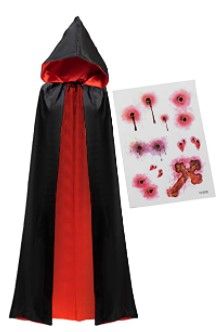 Photo 1 of Adult Unisex Vampire Costume Set with Reversible Hooded Cape Cloak and Tattoo Scar for Halloween Costume Party, Dracula Theme Party, Cosplay Dress Up and Transylvania Costume Black, Red no size 

