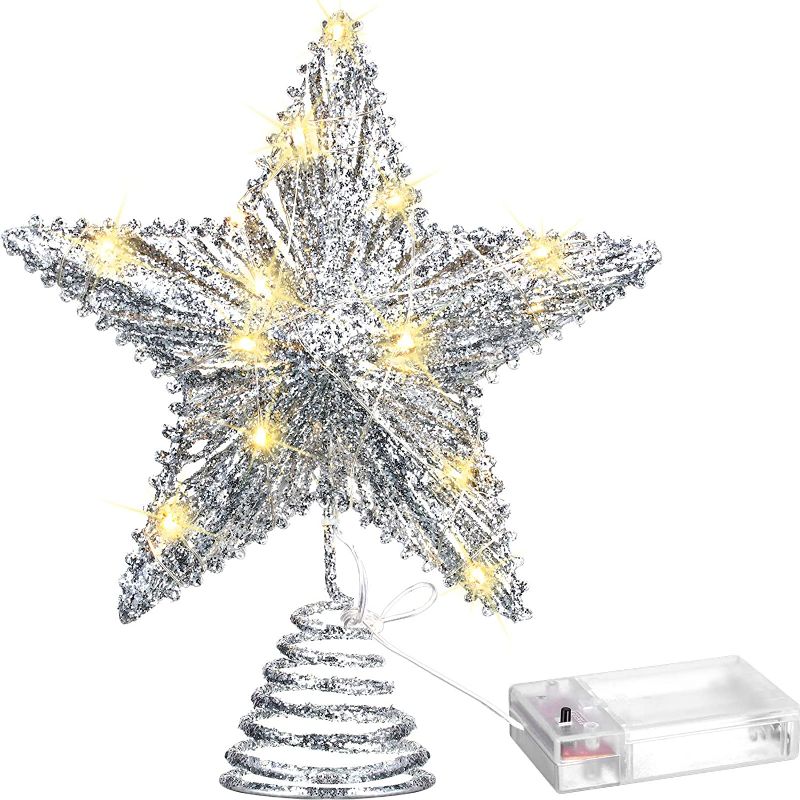 Photo 1 of Aoriher 20 Light 10 Inch Christmas Tree Topper LED Star-Shaped Tree Topper with Warm White LED Lights for Christmas Holiday Seasonal Decor (Silver)
