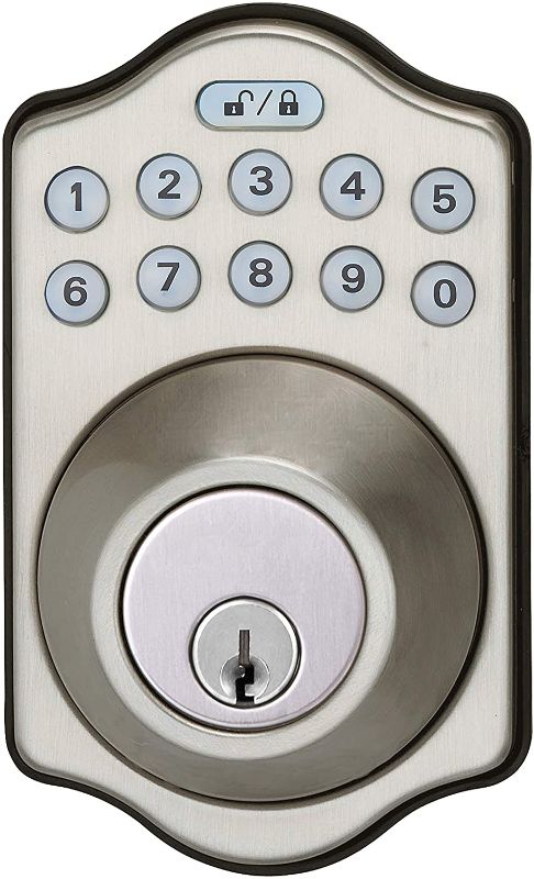Photo 1 of Amazon Basics Traditional Electronic Keypad Deadbolt Door Lock, Keyed Entry, Satin Nickel
