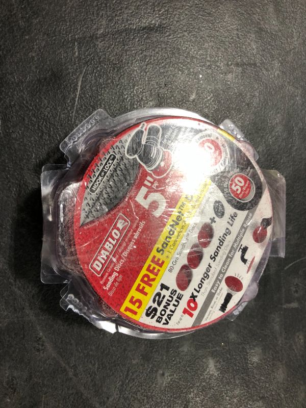 Photo 1 of DIABLO 5 in. 80-Grit Hook and Lock Backing ROS Disc with 15 Bonus Sandnet Discs and Application Pad (50 per Package)

