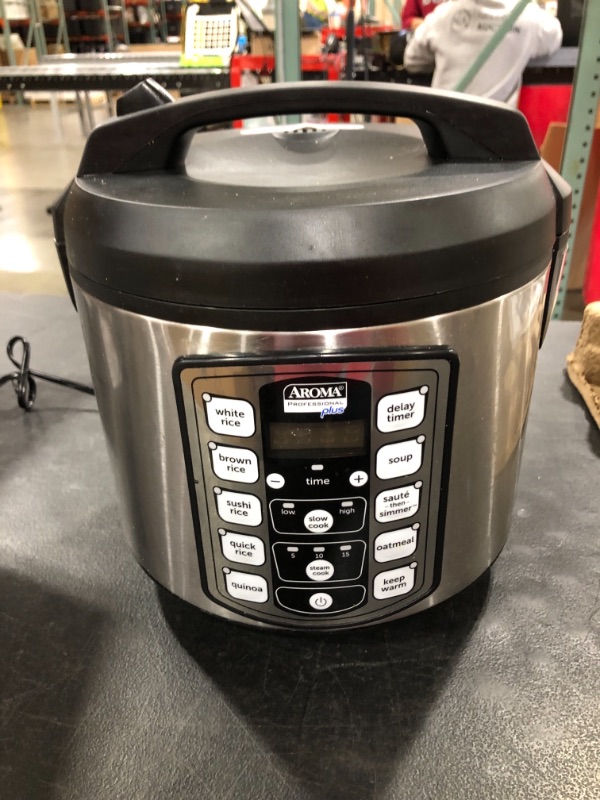 Photo 2 of Aroma Housewares ARC-5000SB Digital Rice, Food Steamer, Slow, Grain Cooker, Stainless Exterior/Nonstick Pot, 10-cup uncooked/20-cup cooked/4QT, Silver, Black. OPEN BOX.
