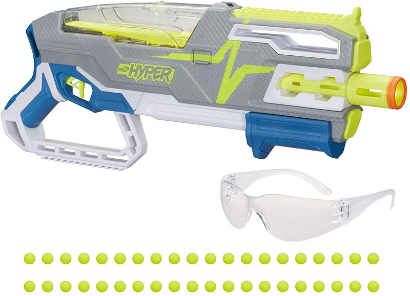 Photo 1 of NERF Hyper Siege-50 Pump-Action Blaster, 40 Hyper Rounds, Holds Up to 50 Rounds, Glasses, Up to 110 FPS Velocity, Easy Reload, Toy Foam Blasters. USED CONDITION. 
