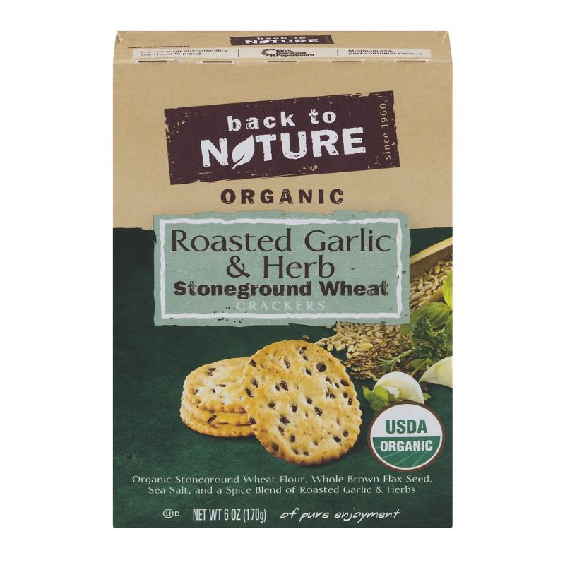 Photo 1 of Back to Nature™ Plant Based Snacks Organic Roasted Garlic & Herb Stoneground Wheat Crackers 6 Oz. Box
exp dec 08 21