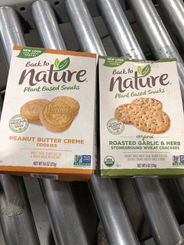 Photo 1 of Back to Nature™ Plant Based Snacks Organic Roasted Garlic & Herb Stoneground Wheat Crackers 6 Oz. Box, peanut  butter creme cookies box exp dec 08 21
