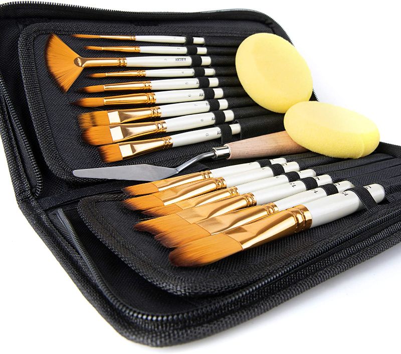 Photo 1 of 15 pcs Paint Brush Set for Acrylic Oil Watercolor Gouache Painting Includes Pop-up Carrying Case with Palette Knife and 2 Sponges