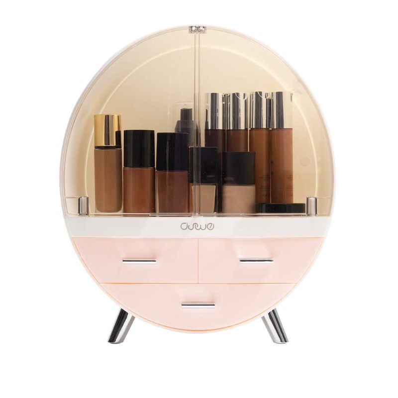 Photo 1 of OBMMIRAO Elegant Dustproof Makeup Storage Organizer Box, Waterproof Medium Cosmetics Organizer Storage with Drawers Skincare Cosmetic Display Cases for Countertop Bathroom Dresser Dedroom
