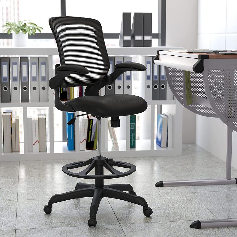 Photo 1 of Flash Furniture Mid-Back Black Mesh Ergonomic Drafting Chair with Adjustable Foot Ring and Flip-Up Arms
