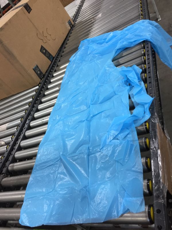 Photo 2 of 12 Pack Blue CPE Coat Aprons 35" x 60". Disposable Polyethylene Aprons. Unisex Liquid-Proof Workwear. Uniform Aprons for Men, Women. Die Cut Ties with Thumb Hole. Lightweight, Breathable. 2 packs
