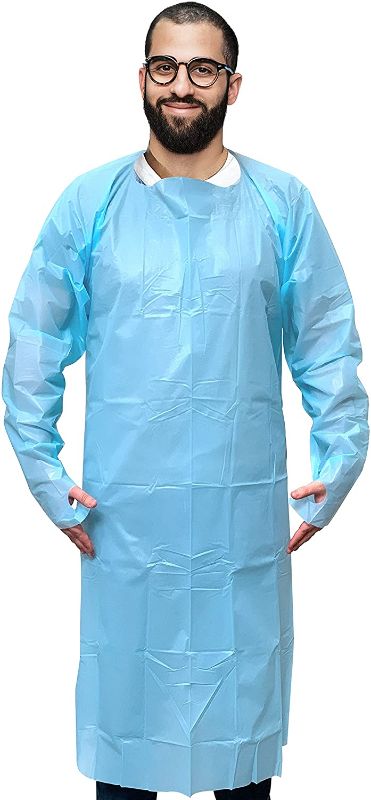 Photo 1 of 12 Pack Blue CPE Coat Aprons 35" x 60". Disposable Polyethylene Aprons. Unisex Liquid-Proof Workwear. Uniform Aprons for Men, Women. Die Cut Ties with Thumb Hole. Lightweight, Breathable. 2 packs
