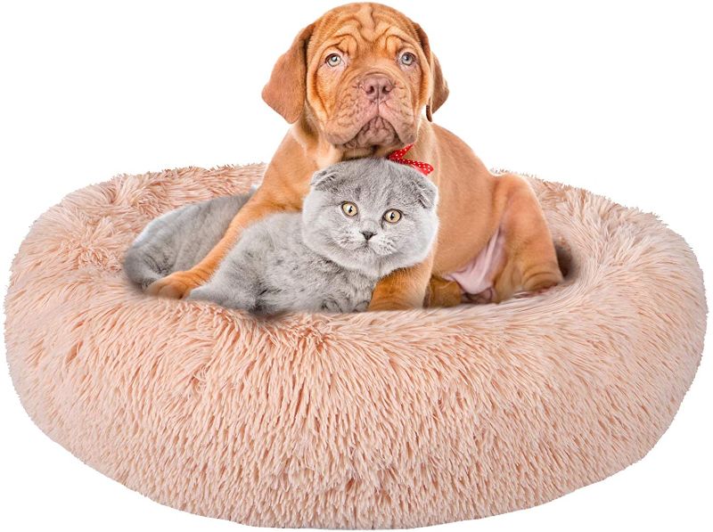 Photo 1 of Calming Dog Beds for Large Medium Small Dogs, 24/32inch Fluffy Cat Bed Donut Cuddler Round Dog Beds, Ultra Soft Anti-Anxiety Pet Beds, Safe Faux Fur Material, Machine Washable
