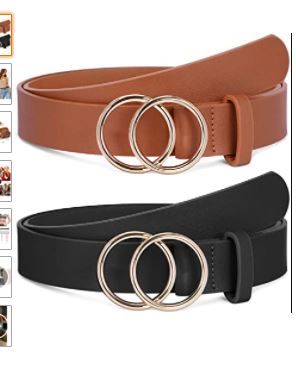 Photo 1 of 2 Pack Women Leather Belts Faux Leather Jeans Belt with Double O-Ring Buckle Size up to 53 inch
