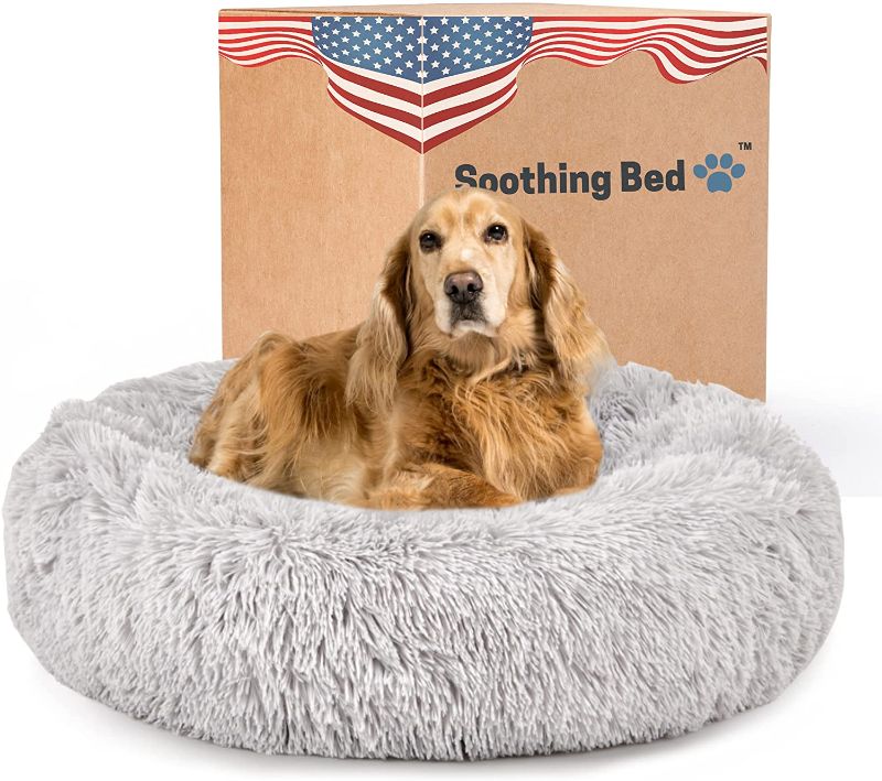 Photo 1 of Calming Dog Bed for Large Dogs - The Original Round Anxiety Orthopedic Donut Cuddler for Pets, Super Soft & Comfy Plush Shag Fur, Washable & Removable Cozy Cover - Large Light Grey - Soothing Bed

