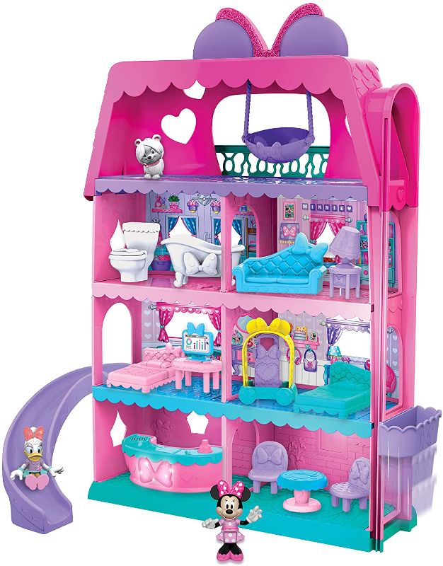 Photo 1 of Just Play Minnie Mouse Bow-Tel Hotel, 2-Sided Playset with Lights, Sounds, and Elevator, 20 Pieces, Includes Minnie Mouse, Daisy Duck, and Snowpuff Figures
