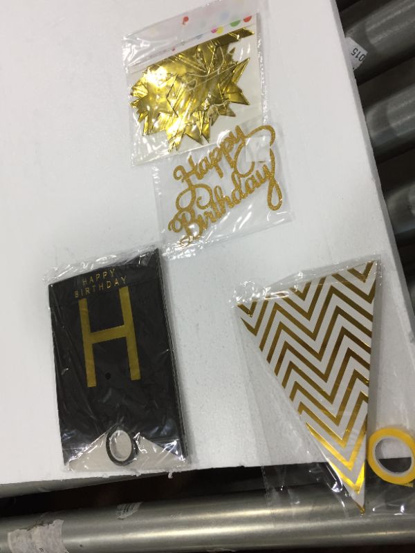 Photo 2 of  Black golden happy birthday and 12 pcs gold paper flag