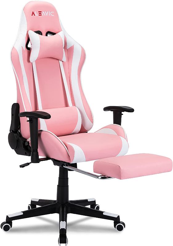 Photo 1 of Pink Gaming Chair with Footrest High Back Ergonomic Adjustable Racing Style PU Leather Gaming Chair for Adults?Computer Gaming Chair with Headrest and Lumbar Support (Pink -2)
