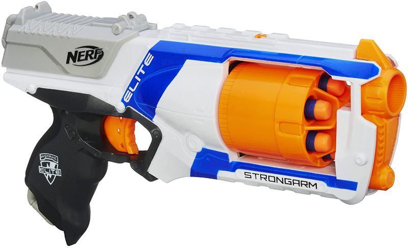 Photo 1 of Nerf N Strike Elite Strongarm Toy Blaster With Rotating Barrel, Slam Fire, And 6 Official Nerf Elite Darts For Kids, Teens, And Adults(Amazon Exclusive) w/ loose foam darts
