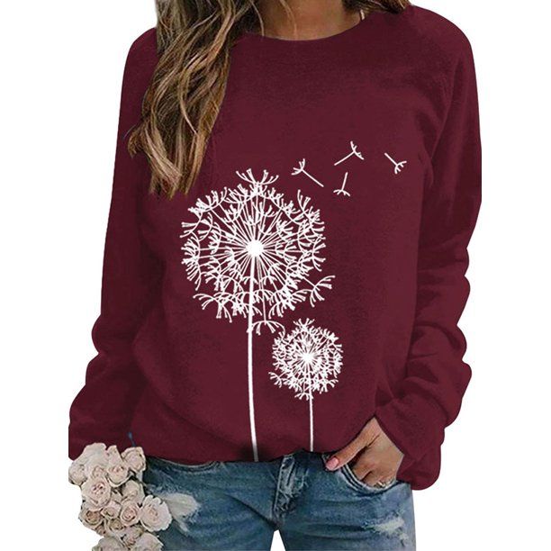 Photo 1 of Women Crew Neck Long Sleeves Dandelion Printed Pullover Top (L)
