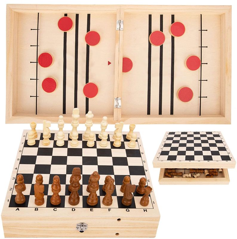 Photo 1 of Fast Sling Puck Game & Wooden Chess Set (Chess Pieces Included)– Hockey Wooden Games for Kids and Adults – 22.7 x 12.5-inch Wooden Hockey Table Game for...