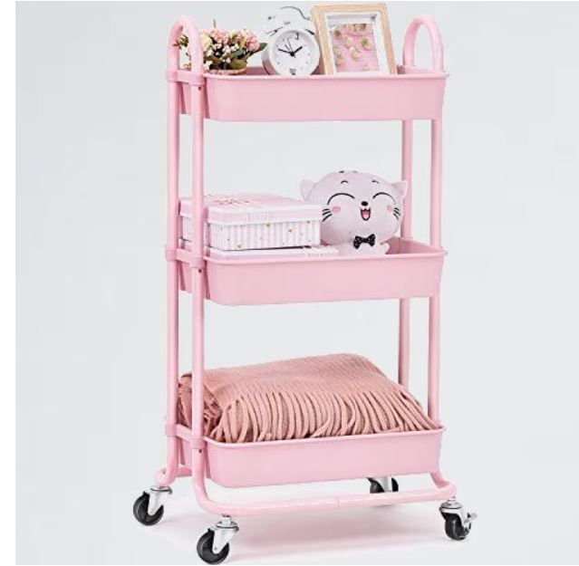 Photo 1 of 3 Tier Utility Rolling Cart Multifunction Organizer Shelf Storage Cart In Pink
