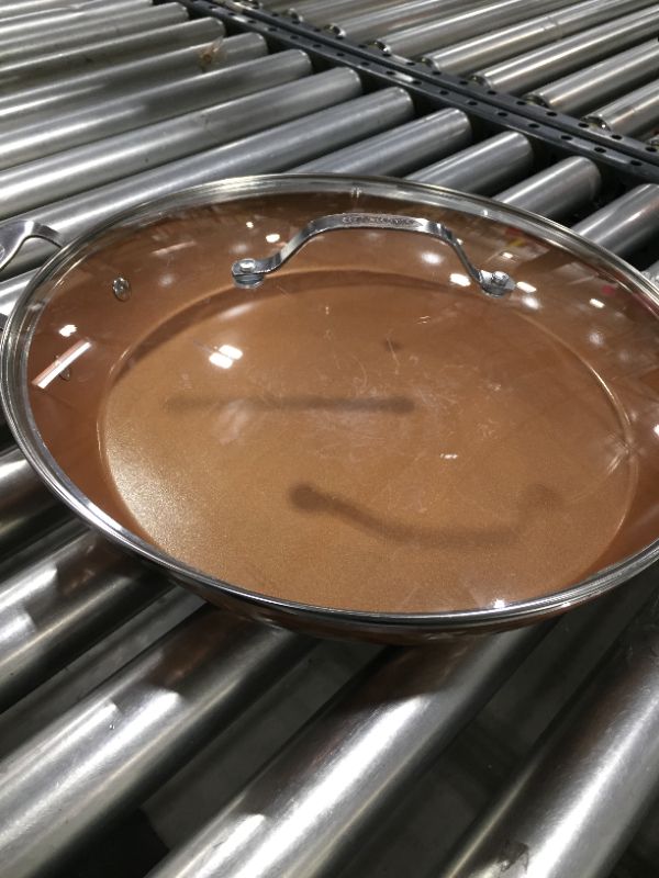 Photo 2 of GOTHAM STEEL 14” Nonstick Fry Pan with Lid – Hammered Copper Collection, Premium Aluminum Cookware with Stainless Steel Handles Dishwasher & Oven Safe