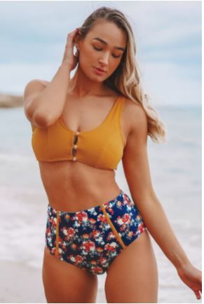 Photo 1 of Caramel Buttons High Waisted Floral Bikini, Small
