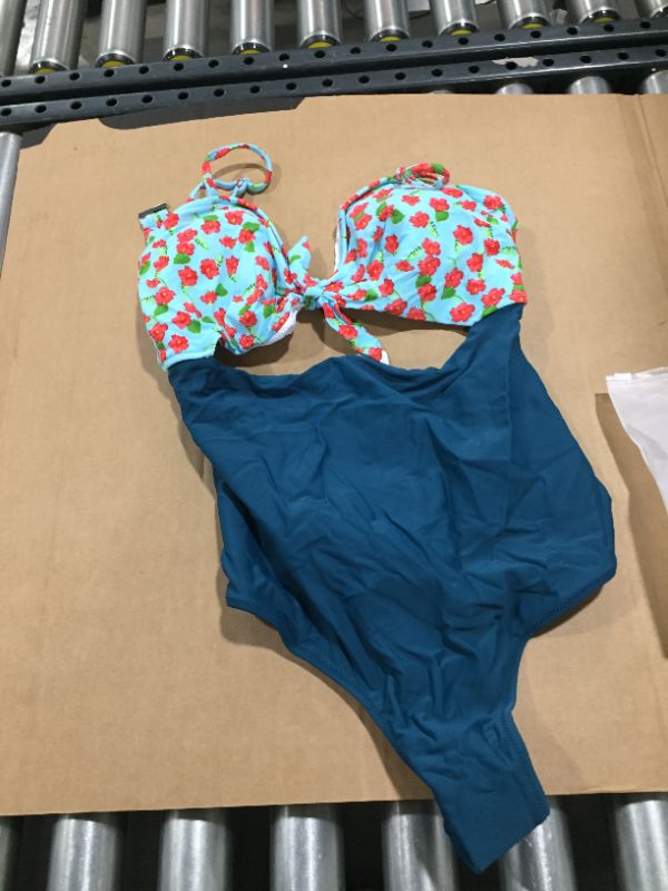 Photo 2 of Mini Hibiscus And Solid Blue One-Piece Swimsuit Large
