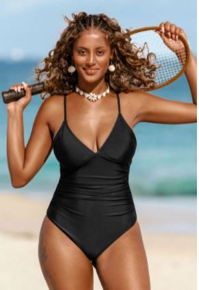 Photo 1 of Joyce Black Ruched One Piece Swimsuit, Large
