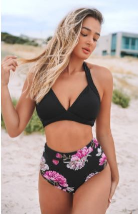 Photo 1 of Black Floral Halter High Waisted Bikini, Large