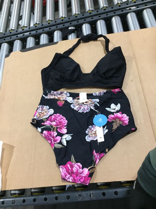 Photo 2 of Black Floral Halter High Waisted Bikini, Large