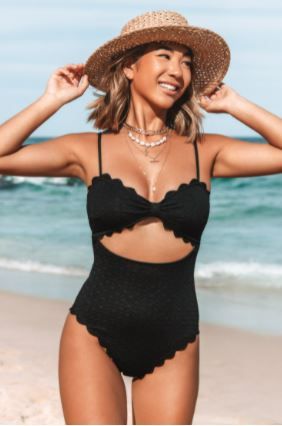Photo 1 of Black Knotted Scalloped One Piece Swimsuit
, Medium 