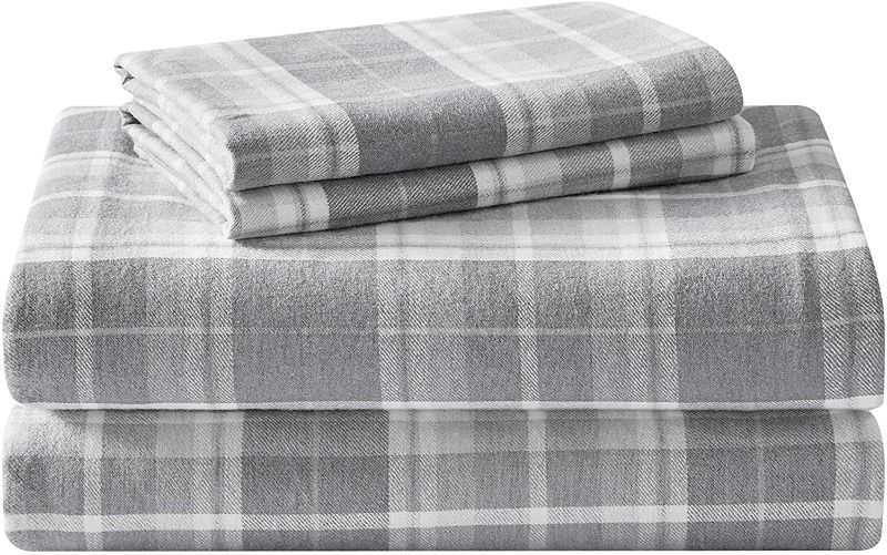 Photo 1 of Laura Ashley Home - Flannel Collection - Sheet Set - 100% Cotton, Ultra-Soft Brushed Flannel, Pre-Shrunk & Anti-Pill, Machine Washable Easy Care, Queen, Mulholland Plaid Grey
