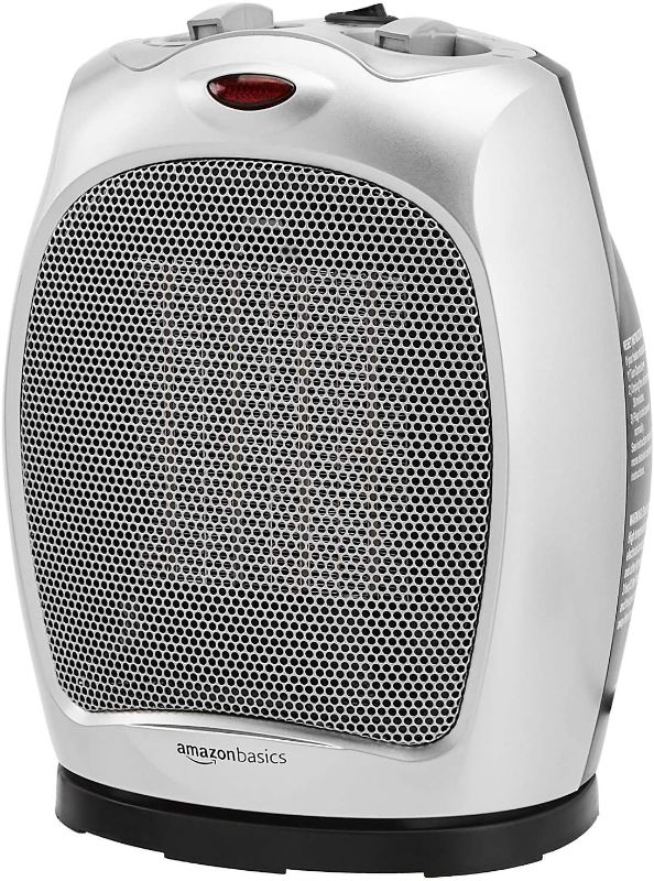 Photo 1 of Amazon Basics 1500W Oscillating Ceramic Heater with Adjustable Thermostat, Silver
