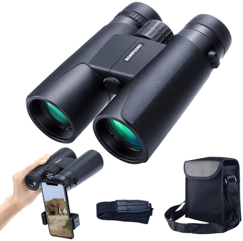 Photo 1 of 12x42 Binoculars for Adults, Portable and Waterproof Compact Binoculars with Low Light Night Vision, HD Clear High Power Large View Binoculars with Upgraded Phone Adapter for Bird Watching, Hunting
