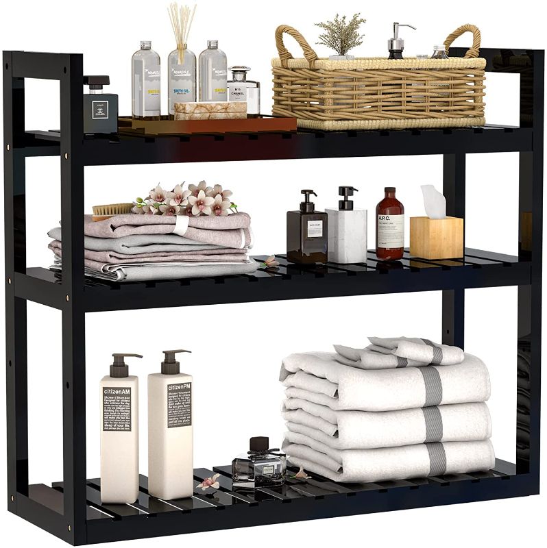 Photo 1 of Bathroom Bamboo Shelf Organizer - 3 Tier Storage Shelf with Adjustable Wall Mounted Shelf Rack Over Toilet, Use for Bathroom, Kitchen, Living Room (Black) 23.62"D x 5.91"W x 21.26"H