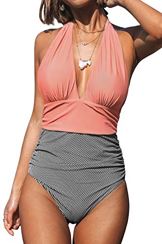 Photo 1 of CUPSHE Women's One Piece Swimsuit Halter Plunge Neck Ruched Tummy Control Stripe Bathing Suits Pink XL
