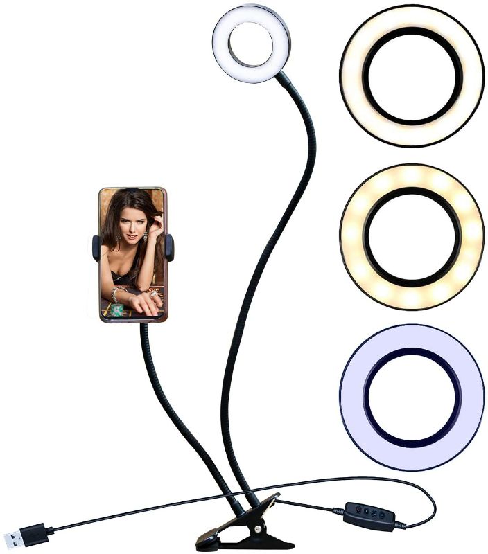 Photo 1 of YOOKESEN Selfie Ring Light with Cell Phone Holder Stand for Live Stream/Makeup, 3 Light Modes 360° Rotating, Clip on, Suitable for All iPhone Models and Android Phones
