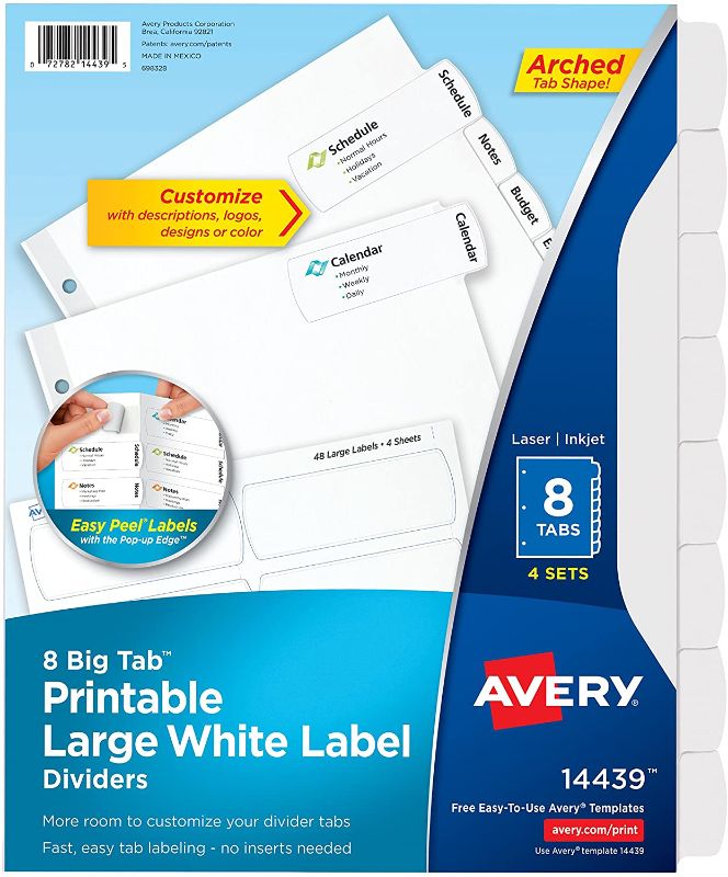 Photo 1 of Avery Big Tab Printable Large White Label Dividers with Easy Peel, 8 Tabs, 4 Sets (14439)
