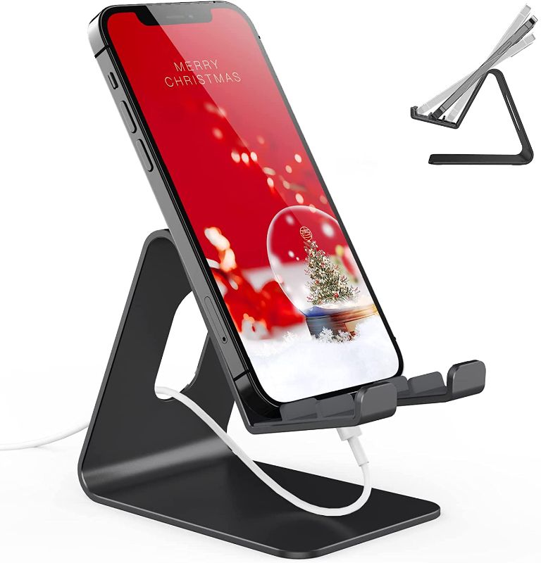 Photo 1 of APPHOME Adjustable Cell Phone Stand, Desk Cell Phone Holder, Aluminum Phone Stand for Desk with Anti-Slip Base and Charging Port, iPhone Dock Compatible with More 4-11'' Cellphone and Tablets(Black)
