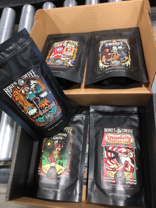 Photo 2 of Bones Coffee Company Favorite Flavors Sample Pack |4 oz Flavored Ground Coffee Beans Sampler Gift Box Set | Pack of 5 Assorted Flavored Coffee Beans (Ground)
