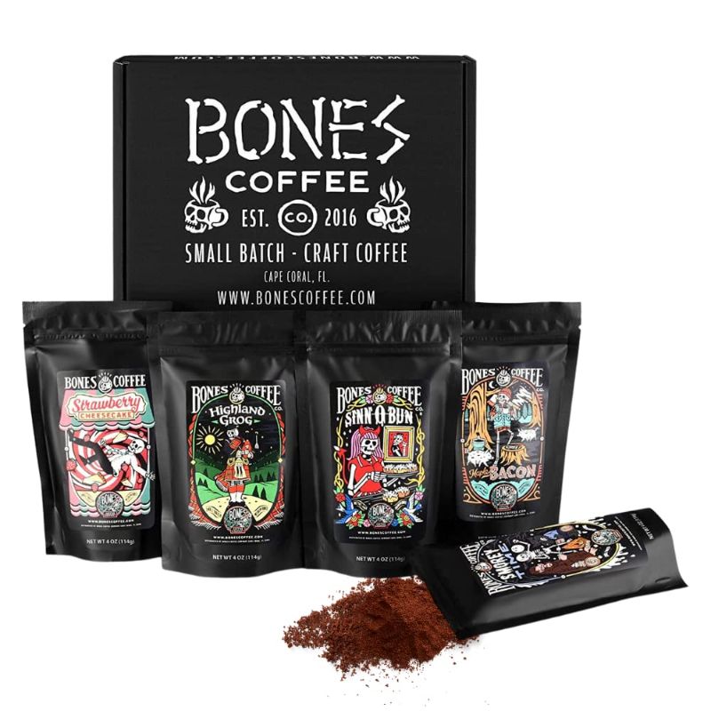 Photo 1 of Bones Coffee Company Favorite Flavors Sample Pack |4 oz Flavored Ground Coffee Beans Sampler Gift Box Set | Pack of 5 Assorted Flavored Coffee Beans (Ground)
