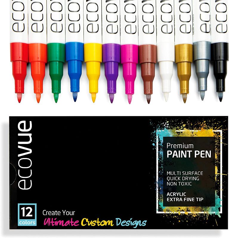 Photo 1 of Acrylic Paint Pen Markers Extra Fine Tip in 12 Vivid Fast Drying Colors For Glass, Wood, Mugs, Rock, Metal, Clay
