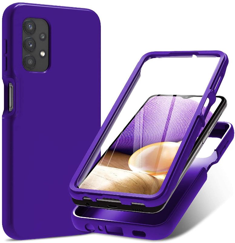 Photo 1 of PULEN for Samsung Galaxy A32 5G Case with Built-in Screen Protector,Rugged PC Front Cover + Soft TPU Non-Slip Back Cover, Shockproof Full-Body Protective Case Cover - Purple
