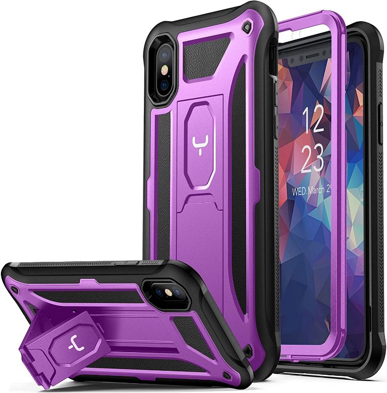 Photo 1 of YOUMAKER iPhone Xs Max Case, with Built-in Tempered Glass Screen Protector and Kickstand Heavy Duty Protection Shockproof Cover for iPhone Xs Max Phone Case 6.5 Inch - Purple
