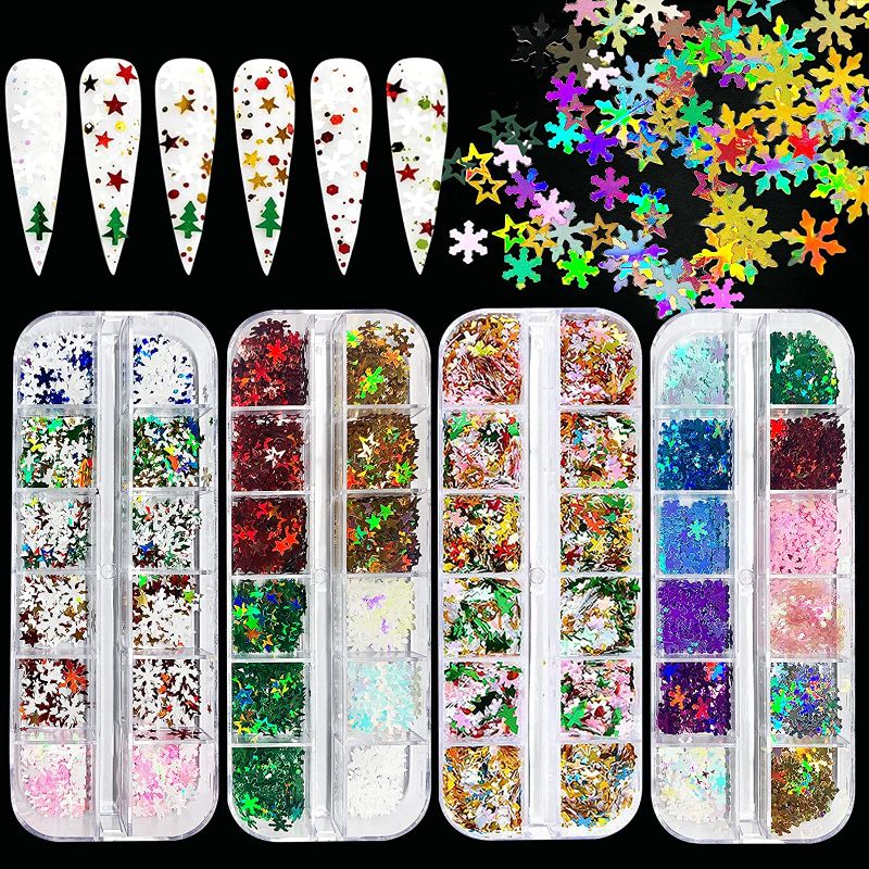 Photo 1 of 48 Color Christmas Holographic Nail Sequins EBANKU Snowflake Tree Nail Glitter Flake Iridescent Stars Xmas Confetti Glitter Paillette DIY Nail Decoration
