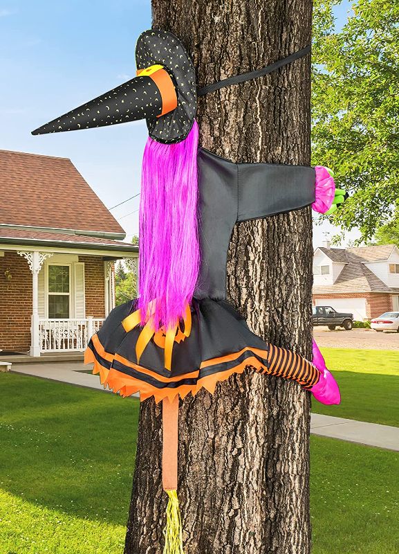 Photo 1 of Crashing Witch Halloween Decorations Outdoor, Crashed Witches Into Tree for Garden Patio Decor, Halloween Outdoor Tree Decoration
