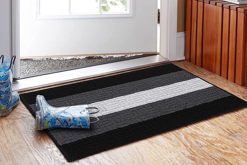 Photo 1 of Aracon Indoor Doormat 20" x 32"Durable Waterproof Welcome Mats Rubber Backing Non-Slip Absorb Resist Dirt Machine Washable Doormats Boots Scraper Mats, for Entry Garage Patio Black Grey White Striped
