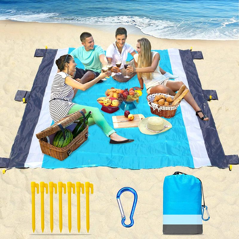 Photo 1 of Beach Blanket-79 X 83" Sandproof Waterproof Lightweight Portable Beach Mat with 7 Plastic Floor, 210D Nylon Picnic Pocket Blanket for Park Beach Hiking Camping (Gray-Blue)
