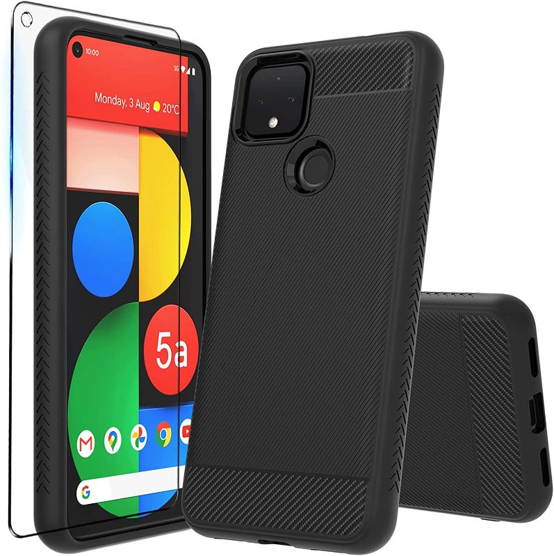 Photo 1 of Huness Case for Google Pixel 5a 5G Case + Tempered Glass Screen Protector Scratch Resistant & Airbag Shock-Absorption Phone Case - Black
